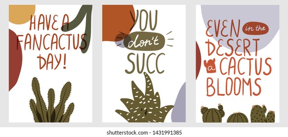 Set of postcards with succulents. Poster with cactus. Succulent lettering. Vector illustration.