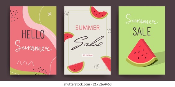 A set of postcards for the Summer Sale with a slice of watermelon on a light background.Brush imitation. Vector illustration