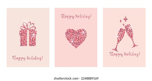 set of postcards with symbols of the lovers' holiday made of pink sequins. postcard, template, poster for valentine's day, wedding. stock vector illustration. EPS 10.