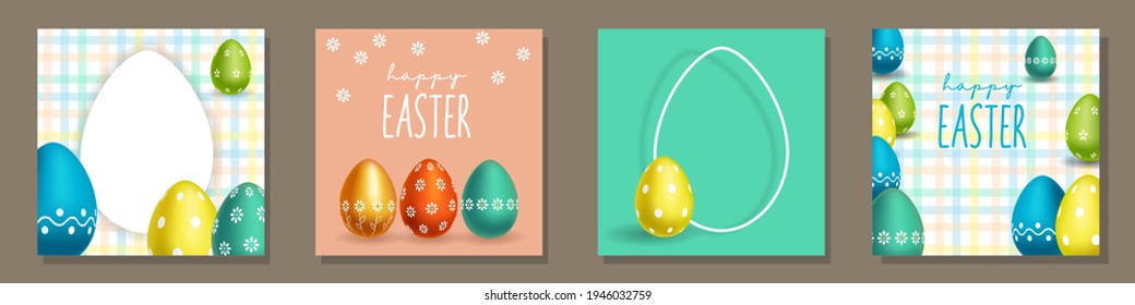 juego de postales, plantillas, fondos para la fiesta de Pascua con huevos de colores - el símbolo de Pascua. dibujo 3D realista, colores positivos de primavera, cuatro opciones, inscripción feliz de Pascua. EPS 10.