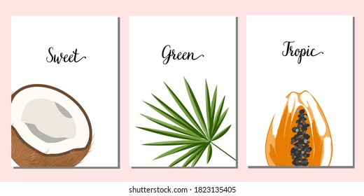 
set of postcards in a tropical style. prints for design in the style of doodle. modern style in drawing leaves and fruits.