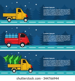 Set of postcards, trucking, trucks carrying Christmas tree