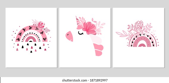 A set of postcards with a unicorn and pink rainbows. Vector illustration in modern hand drawn style