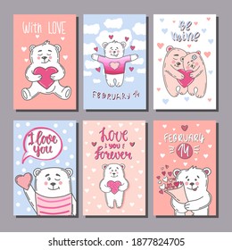 Eine Reihe von Postkarten für den Valentinstag. Bären verliebt. Vektorgrafik.
