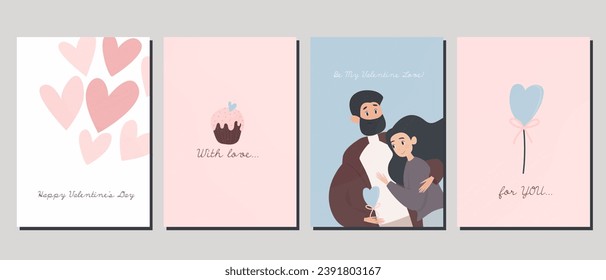 A set of postcards for Valentine's Day. Couple in love on ice skates and various festive elements. Save the date