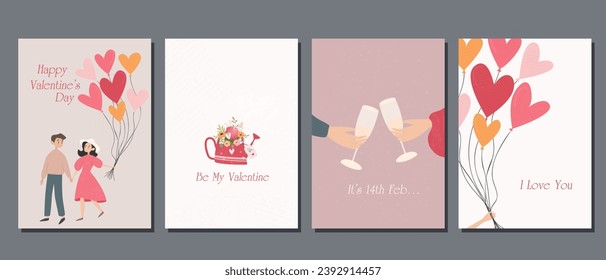  A set of postcards for Valentine's Day. Couple in love on ice skates and various festive elements. Save the date
