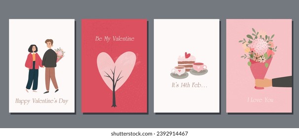  A set of postcards for Valentine's Day. Couple in love on ice skates and various festive elements. Save the date