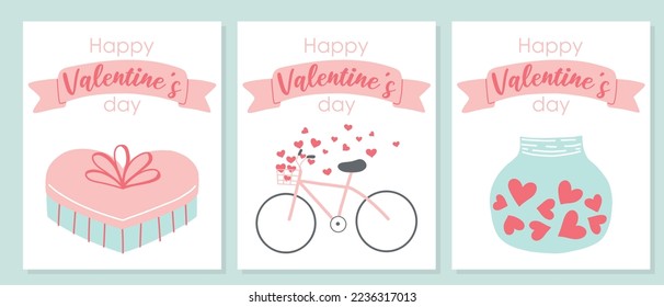 Set of postcards for Valentines Day. Cute postcards with hearts, love, bike and gift. Vector illustration in a flat style. Hand-drawn postcard.