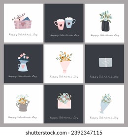A set of postcards for Valentine's Day. Cute illustrations. Couple in love. Cute elements for holiday cards