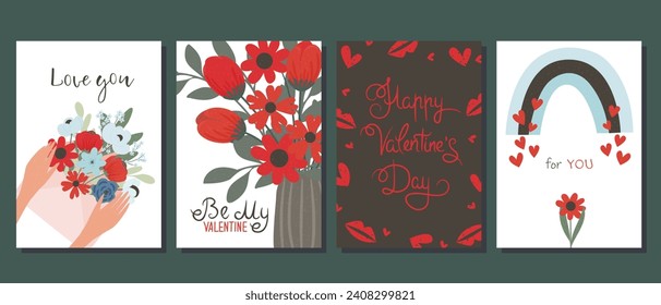 Un juego de postales para el Día de San Valentín. Ilustraciones bonitas. Pareja enamorada. Elementos cortos para tarjetas de vacaciones	