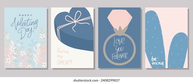 Un juego de postales para el Día de San Valentín. Ilustraciones bonitas. Pareja enamorada. Elementos cortos para tarjetas de vacaciones	
