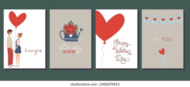 Un juego de postales para el Día de San Valentín. Ilustraciones bonitas. Pareja enamorada. Elementos cortos para tarjetas de vacaciones	