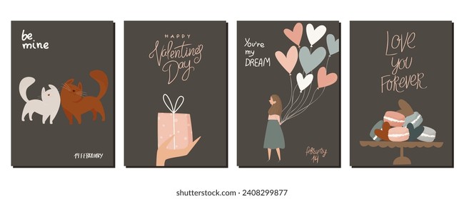 Un juego de postales para el Día de San Valentín. Ilustraciones bonitas. Pareja enamorada. Elementos cortos para tarjetas de vacaciones	