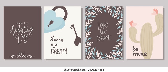 A set of postcards for Valentine's Day. Cute illustrations. Couple in love. Cute elements for holiday cards	