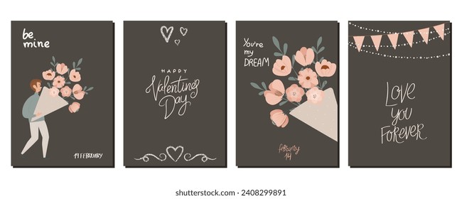 Un juego de postales para el Día de San Valentín. Ilustraciones bonitas. Pareja enamorada. Elementos cortos para tarjetas de vacaciones	