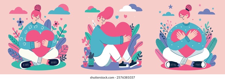 Set of postcards Valentine's Day. February 14. Love. Funny illustration of a man with a heart, pink hair, with a happy face. The art style is modern, flat and cartoonish.