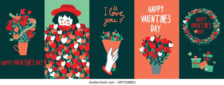 A set of postcards. Valentine's Day.
Funny pictures. A romantic gift. Declaration of love. Flowers, hearts. Happy holiday. The girl in the hat. Secret letters. Wreath. 14. Vector illustration.