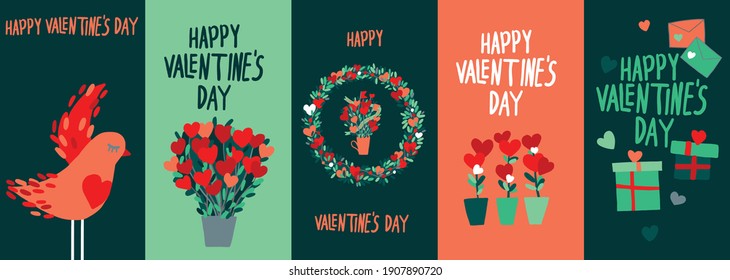 A set of postcards. Valentine's Day. Funny pictures. A romantic gift. Declaration of love. Flowers, hearts. Happy holiday. Secret letters. Wreath. 14. Vector illustration. Birdie, flowers in a pot.