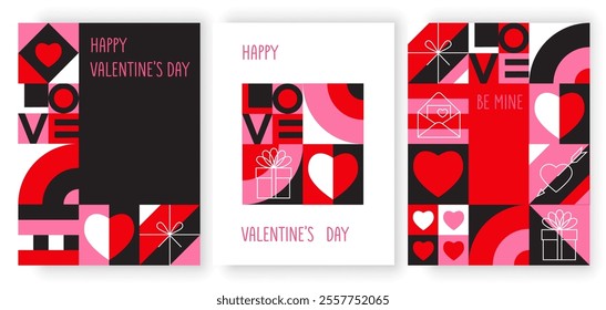 set of postcards for Valentine's Day in a geometric modern style. fashionable bright design of a poster, cover, template with a place for congratulations, invitations, messages. flat drawing. EPS 10