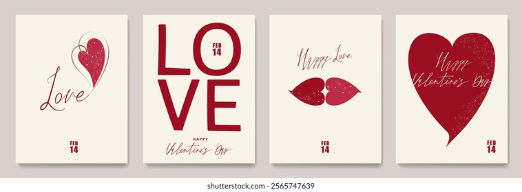 Set of postcards for Valentine's Day holiday in modern art style with text, congratulations, heart for invitations, poster, print, social media, cover, banner, typography, packaging