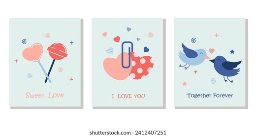 Set of postcards for Valentines Day. Love collection with cards and lettering. Romantic and cute elements in a flat style. Perfect for Valentines day, stickers, birthday, save the date invitation.