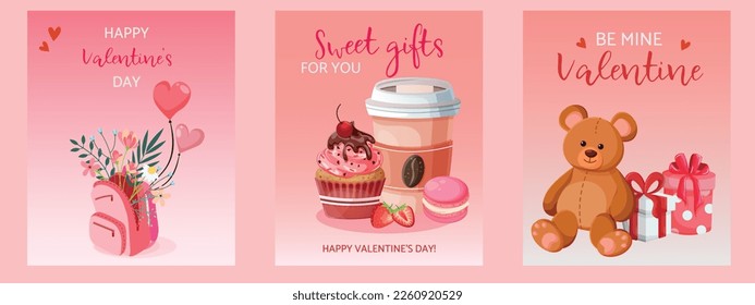 Set of postcards for Valentine's Day. Pink backpack with flowers inside and heart balloons. Teddy bear and gift boxes. Paper cup of coffee, muffin with cherries, macarons and strawberries