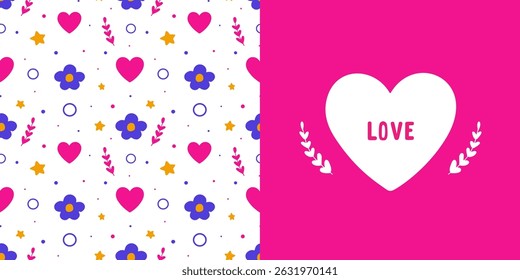 Set of postcards for Valentine's Day with a seamless pattern with flowers and a heart in a bright doodle style. Stylish flyer for congratulations and declarations of love, for a date or Mother's Day.