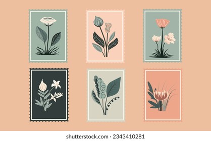 A set of postcards with a variety of  botanical plants and flowers. Miniature images of endangered flora. For wedding invitations, parties,сards.