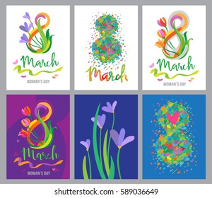 Set of postcards and vector illustrations for registration to the celebration of international women's day.