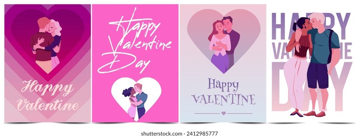 Conjunto de postales o verticales sobre el estilo de San Valentín feliz, ilustración vectorial aislada en fondo blanco. Colección de diseños decorativos, amor y relaciones románticas