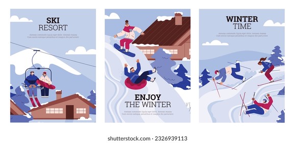 Set of postcards or vertical banners about ski resort and winter time flat style, vector illustration isolated on white background. Happy people enjoy holiday, season, sport and recreation
