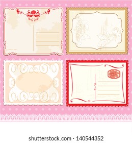 Set of Postcards in vintage design on polka dots pink background.