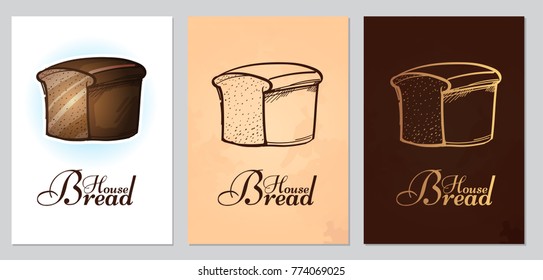 Set of postcards, visit cards or booklet with loaf. Colored vector illustration on white and brown background with lettering