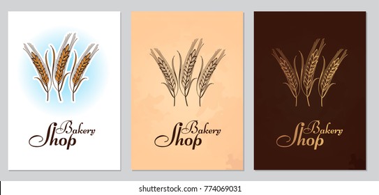 Set of postcards, visit cards or booklet with ears of rye or wheat. Colored vector illustration on white and brown background with lettering