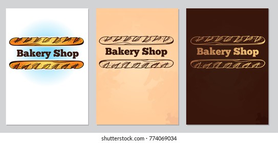 Set of postcards, visit cards or booklet with couple of baguettes. Colored vector illustration on white and brown background with lettering