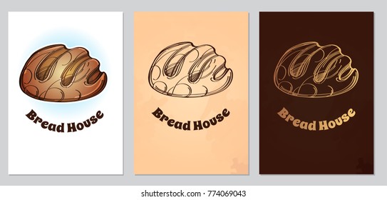Set of postcards, visit cards or booklet with loaf. Colored vector illustration on white and brown background with lettering