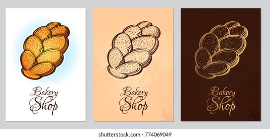 Set of postcards, visit cards or booklet with wheat loaf. Colored vector illustration on white and brown background with lettering
