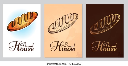 Set of postcards, visit cards or booklet with loaf. Colored vector illustration on white and brown background with lettering