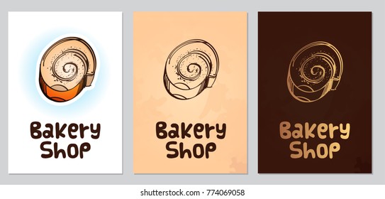 Set of postcards, visit cards or booklet with roll cake. Colored vector illustration on white and brown background with lettering