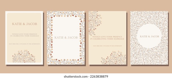 A set of postcards. Wedding invitation. Leaves and flowers in delicate colors