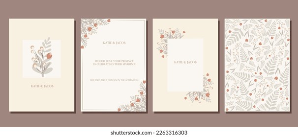 Un conjunto de postales. Invitación a la boda. Postales con brotes de plantas en colores pastel