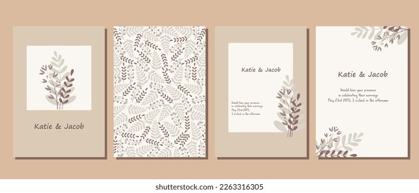 A set of postcards. Wedding invitation. Postcards with sprigs of plants in pastel colors