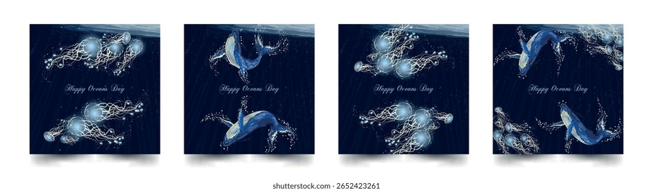 Set of postcards. Whales, jellyfish. Oceans Day