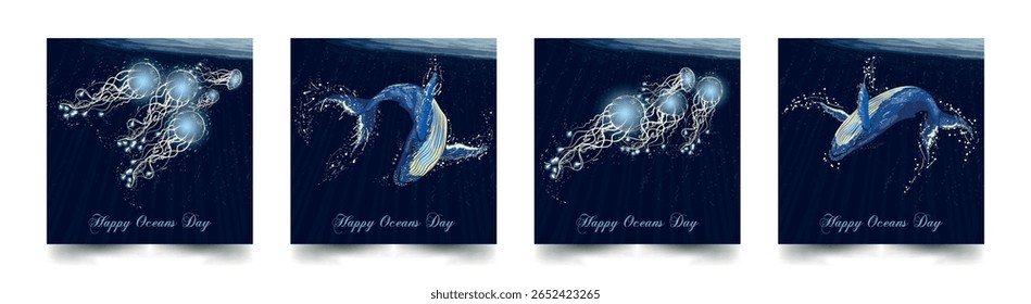 Set of postcards. Whales in the ocean are spinning in a dance. Jellyfish. International Oceans Day. World Whale and Dolphin Day. Protection of marine mammals