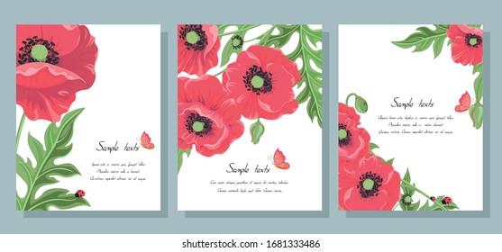 Set of postcards with wild flowers: poppy leaves, buds, ladybug and butterfly. Red vector poppy flowers for wedding invitation templates banners greeting cards cover design brochure posters. Vector