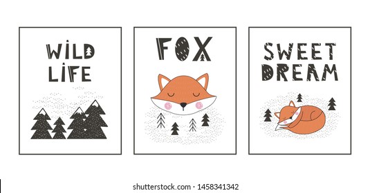 Set of postcards wildlife. Vector illustration, depicting forests and animals in the Scandinavian style, for printing on fabric, clothing, dishes, pictures, Wallpaper, for use in interior design. 