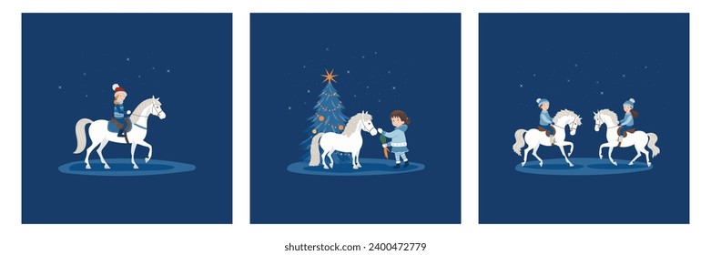 Set of postcards, winter holidays, children riding ponies