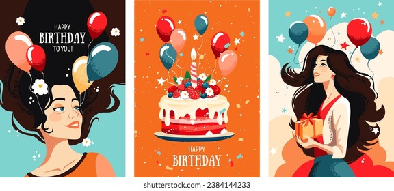 Juego de postales con una mujer, regalo, globos, confeti, pastel y vela. Holliday, fiesta, vacaciones, feliz cumpleaños. Plantillas vectoriales para tarjetas, carteles, volantes, pancartas y otros