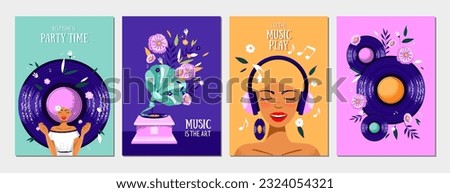 Set of postcards with a woman, gramophone, flowers, vinyl record and headphones. Holliday, party, vacation, disko, happy birthday. Vector templates for card, poster, flyer, banner and other