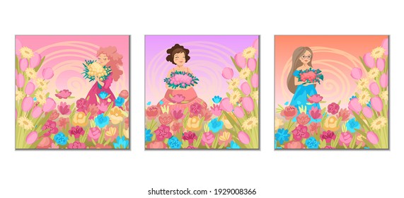 Set of postcards. Women with flowers. Spring flowers, lady with bouquet, gift congratulation on national women's day on March 8. Vector cartoon bright illustration, card design